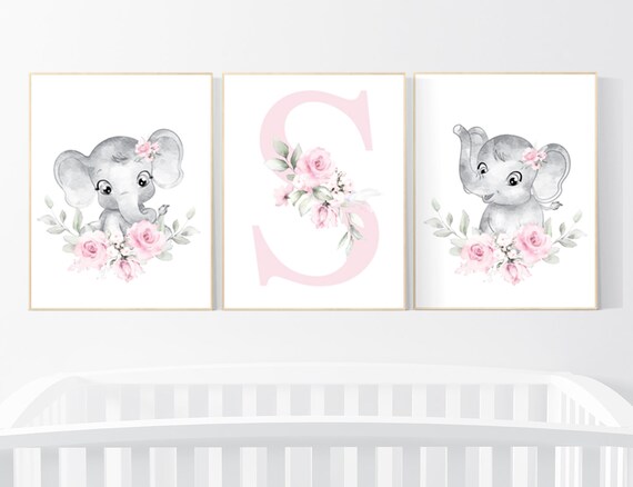 Nursery decor girl elephant, nursery decor girl flower, nursery decor girl floral, Boho baby room, pink nursery decor, flower baby room