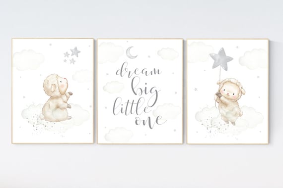 Sheep nursery decor, Gray nursery decor, nursery decor lambs, nursery wall art sheep, moon and cloud wall art nursery gender neutral nursery