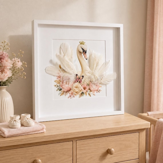 Swan Nursery Wall Art, Blush Pink Floral Feather 20x20 Framed