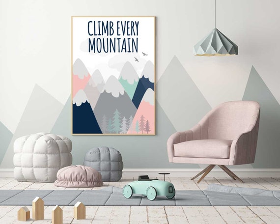 Climb every mountain wall art, mountain nursery decor, mountain nursery art, coral navy nursery, navy mint, adventure nursery, mountain