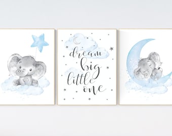 Nursery decor boy elephant, nursery wall art elephant, baby room decor boy, dream big little one, Elephant Nursery Art, Baby Boy Nursery Art