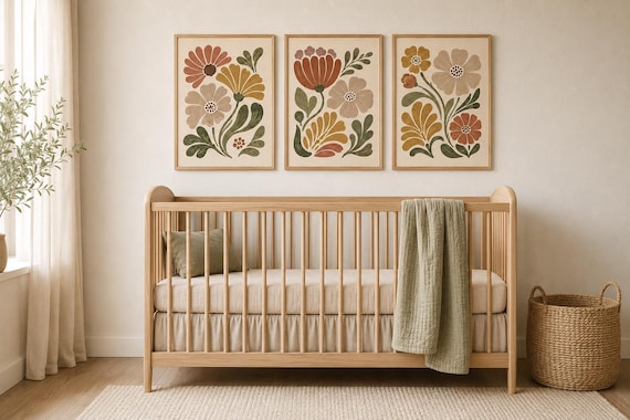 Earth Tone Floral Wall Art Set of 3, Boho Flower Prints, Neutral Nursery Decor