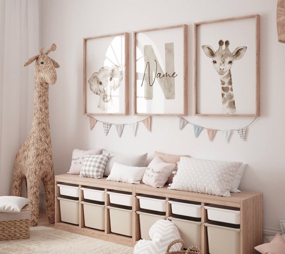 Nursery wall art animals, gray nursery, gender neutral nursery, neutral nursery, beige nursery, baby room, giraffe, elephant, animal prints