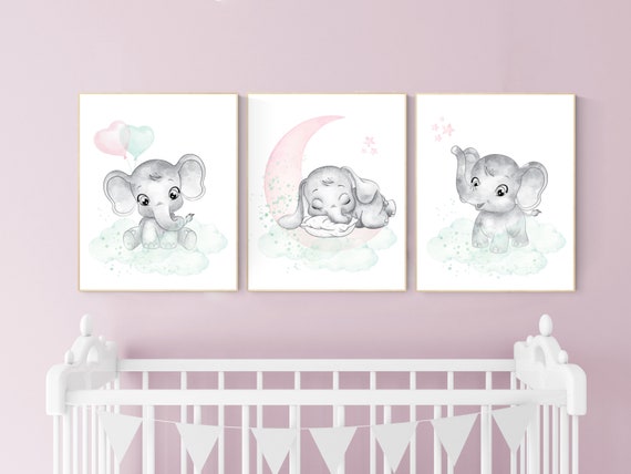 Pink and mint nursery, elephant nursery, Nursery decor girl pink mint, Nursery wall art girl elephant, nursery prints, girl nursery wall art