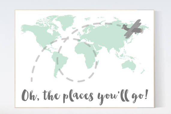 Mint nursery decor, Oh the places you'll go, World Map wall art, world map nursery, world map wall art, gender neutral nursery decor, mint