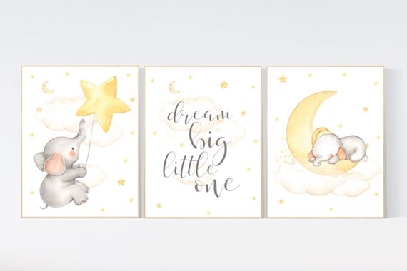 Nursery wall art elephant, Nursery decor neutral, gender neutral, twinkle twinkle little star, yellow nursery, cloud and stars, moon nursery