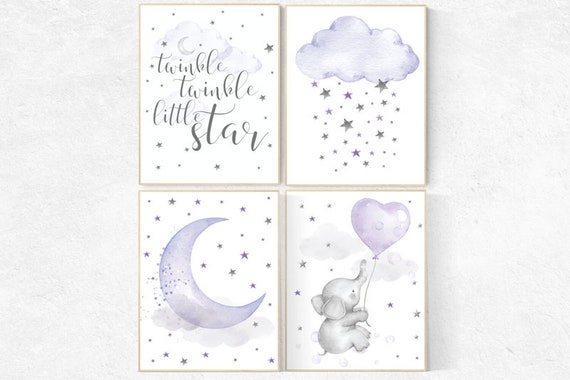 Nursery decor girl elephant, purple nursery, lavender, lilac, twinkle twinkle little star, cloud and stars nursery wall art, baby room decor