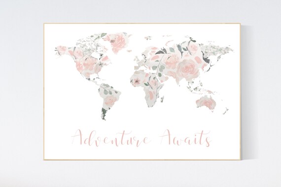 Floral World Map, Girl Nursery Decor, Travel Nursery Art, floral Nursery Print,  blush nursery, Nursery baby girl room, Adventure Awaits