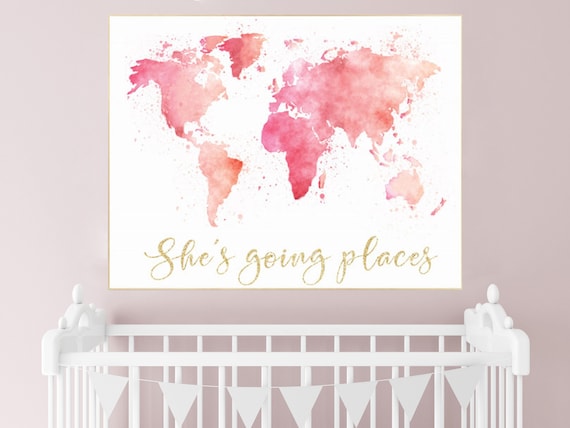 Pink gold world map watercolor, she's going places, blush pink and gold, world map print for nursery, nursery decor girl, pink and gold