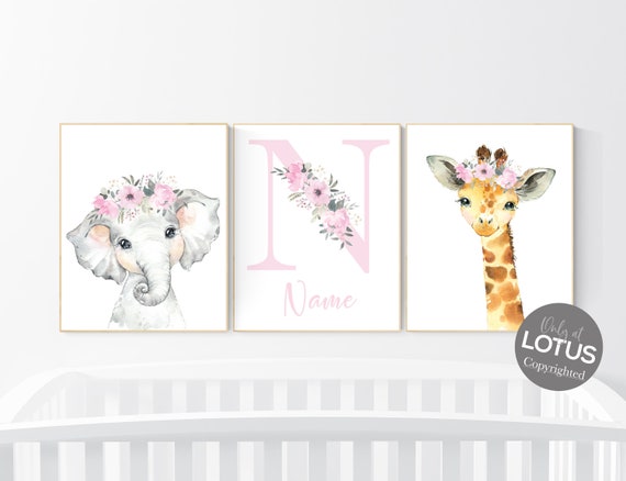 Nursery wall art animals, girl nursery decor, Safari animals, Floral Nursery Prints, pink nursery, girls nursery decor, elephant nursery