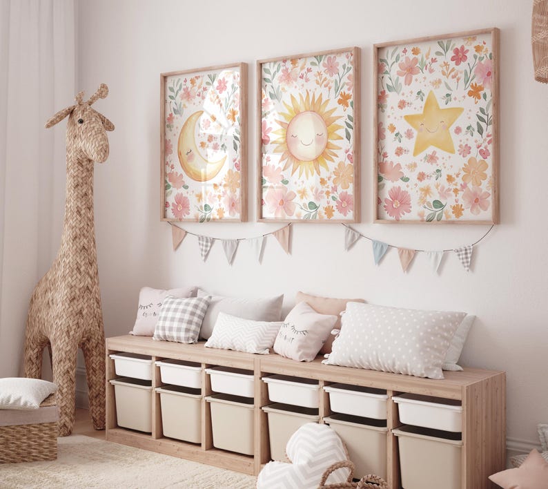Floral Sun Moon Star Nursery Wall Art Set, Boho Baby Girl Room Decor - Etsy