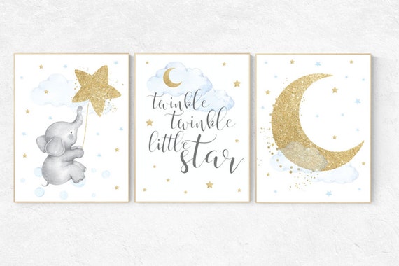 Nursery decor boy elephant, blue and gold nursery, twinkle twinkle little star, blue nursery wall art, cloud and stars, baby room decor