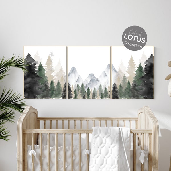 Nursery decor mountain, nursery wall art, tree nursery decor, adventure theme nursery, forest, sage green, beige, woodland animals