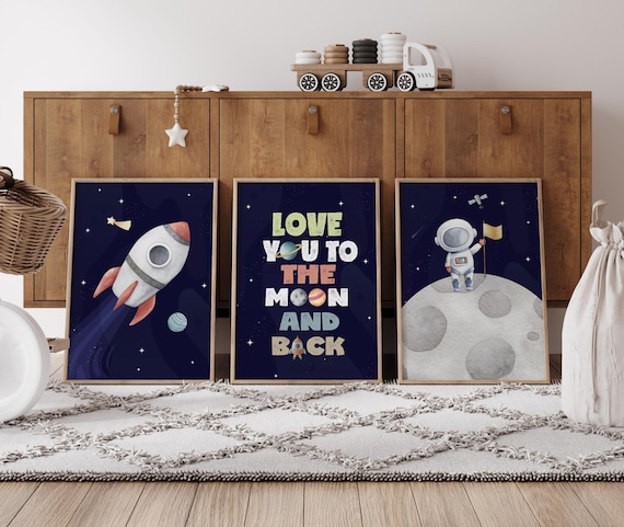 Space Nursery Wall Art Set, Rocket and Astronaut Prints, Love You to the Moon and Back Quote, Boys Room Decor, Space Theme Kids Poster