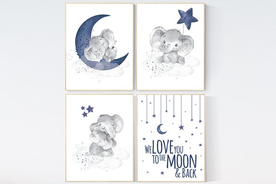 Nursery decor boy elephant, navy nursery decor, we love you to the moon and back, moon and stars, navy blue nursery art, elephant nursery
