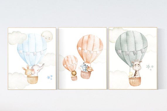 Nursery decor animals, hot air balloon, elephant giraffe, bear, gender neutral, nursery decor twins, animal nursery, balloon nursery