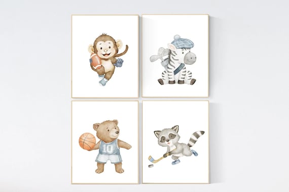 Sports nursery decor, Baby Animals Sport, Baby boy sports nursery, Safari nursery, soccer, football, basketball and golf, sports animals