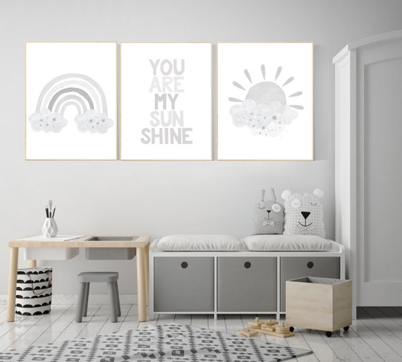 Nursery decor gender neutral, grey nursery, Nursery prints rainbow, nursery wall art neutral, gray nursery, moon star, cloud, nursery art