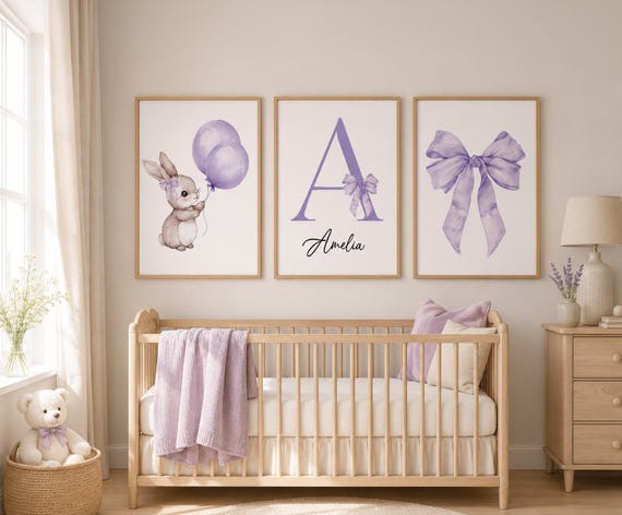 Personalized Bunny Nursery Print: Purple Balloon, Custom Baby Name
