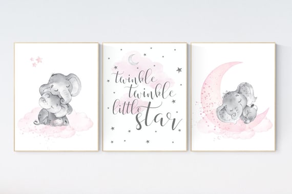 Elephant nursery, nursery wall art elephant, nursery decor girl, twinkle twinkle little star, baby room, girl nursery decor, moon and stars