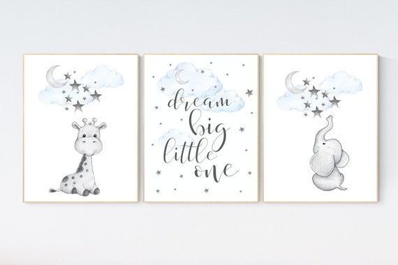 boy nursery decor elephant, nursery decor boy, blue nursery art, giraffe print nursery, elephant decor for nursery, dream big little one