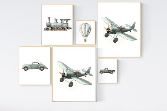 Vehicle art print set, sage green, Boys room, car train plane boat hot air balloon, boys transportation print, boys nursery room decor