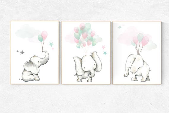 Nursery decor elephant, pink mint nursery decor, pink teal nursery, animal balloons, mint green, pink, animal prints balloons, wall art