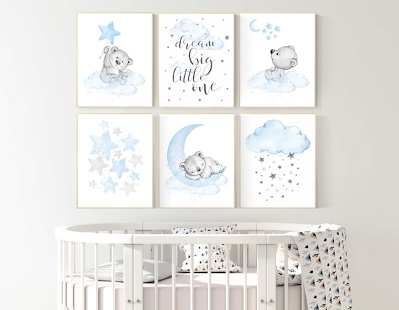 Nursery decor boy bear, boys nursery prints. nursery decor boy ideas, nursery art ideas, baby blue, grey, nursery wall art, sky, moon, stars