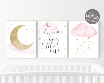 Kwekerij muurkunst meisje roze en goud, babykamerinrichting meisje goud en roze, droom grote kleine, wolk en sterren, babykamer, maan en ster