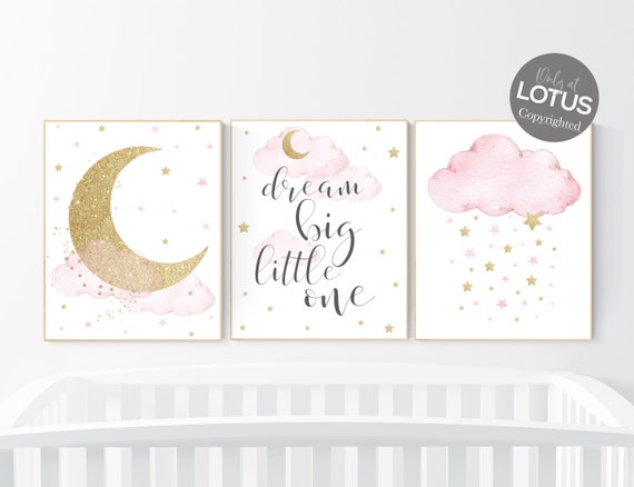 Nursery wall art girl pink and gold, baby room decor girl gold and pink, dream big little one, cloud and stars, baby room, moon and star