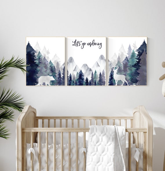 Nursery decor woodland, mountain wall art, tree nursery decor, adventure theme nursery, forest nursery, navy and teal, woodland animals