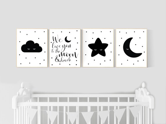 Nursery wall art black and white, gender neutral, baby room decor, sun, cloud, moon and stars, black white, nursery wall decor, twin nursery