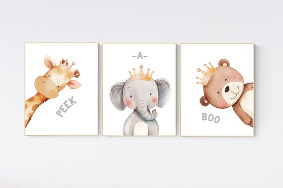 Peek a boo animals, Nursery Art Prints, woodland animals Nursery Print, Peekaboo Bear, Nursery Decor, Neutral Nursery Decor, animal prints