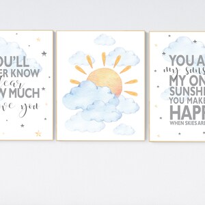 Nursery decor yellow and blue, sunshine nursery, gender neutral nursery wall art, you are my sunshine, sun, cloud, baby room, blue yellow