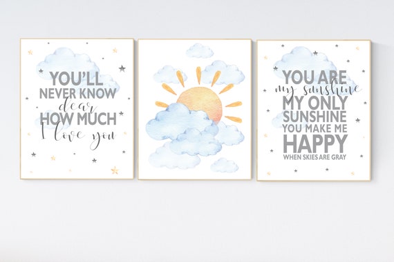 Nursery decor yellow and blue, sunshine nursery, gender neutral nursery wall art, you are my sunshine, sun, cloud, baby room, blue yellow