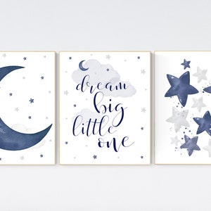 Nursery decor boy, navy nursery wall art boy, moon and stars, navy blue, dream big little one, navy nursery set, star nursery, baby room art