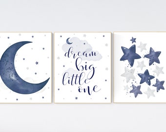 Navy Moon and Stars Nursery Art Prints: Boy Room Decor