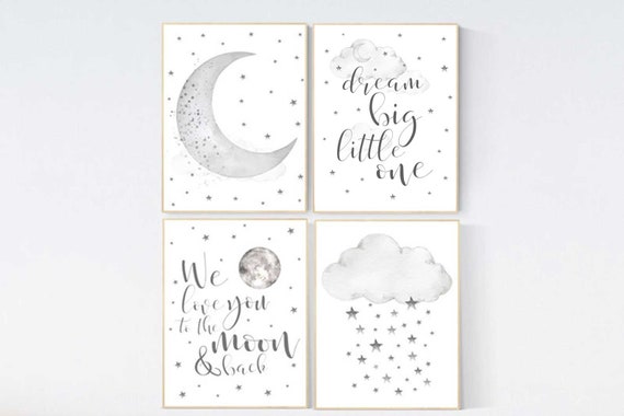 Nursery wall art grey, gray nursery, nursery decor neutral, baby room decor gender neutral, moon and stars, grey nursery decor baby room art