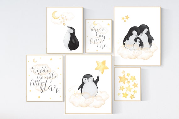 Nursery decor gender neutral, yellow nursery, penguin nursery decor, neutral nursery prints, nursery decor prints, penguin nursery art