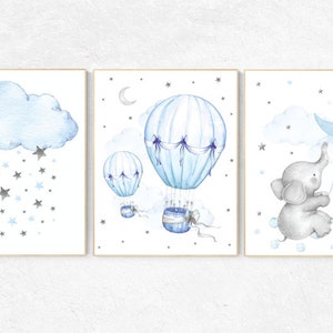 Nursery wall art elephant, Nursery decor boy hot air balloon, blue and gray, baby room decor, nursery prints, baby room wall art cloud stars