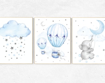 Nursery wall art elephant, Nursery decor boy hot air balloon, blue and gray, baby room decor, nursery prints, baby room wall art cloud stars