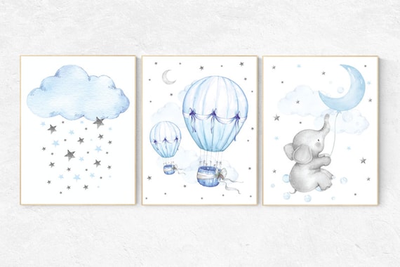 Nursery wall art elephant, Nursery decor boy hot air balloon, blue and gray, baby room decor, nursery prints, baby room wall art cloud stars