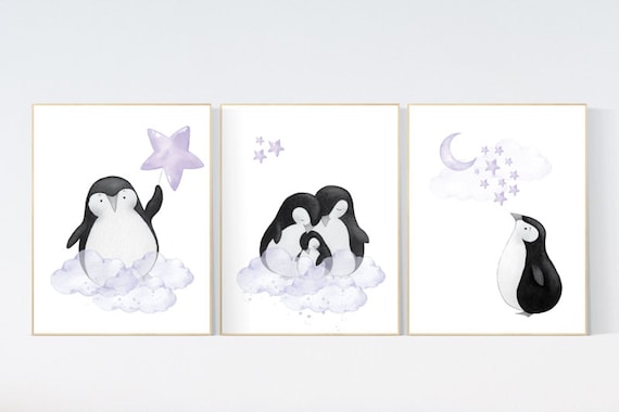 Penguin nursery, purple nursery art, baby room wall art, arctic themed nursery, arctic animals, lilac, lavender, nursery prints girl, art