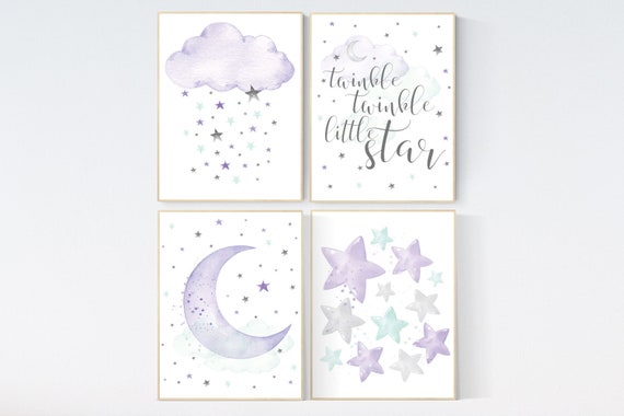 Nursery decor girl purple mint, nursery decor girl purple, lilac, lavender, mint, moon and cloud, twinkle twinkle little star, star nursery
