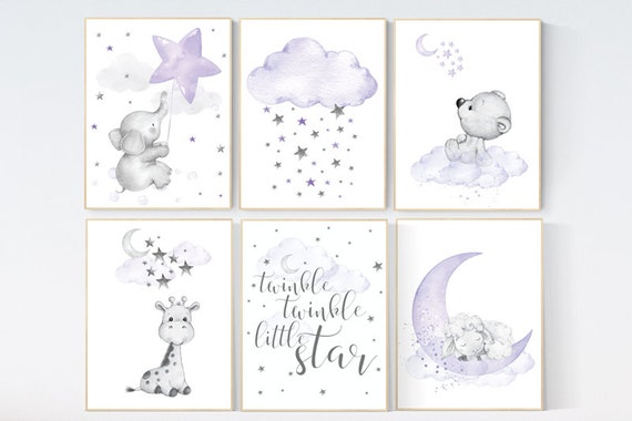 Nursery decor girl purple and grey, lavender nursery wall art, elephant, giraffe, bear, sheep, lamb, nursery prints animals, lilac nursery