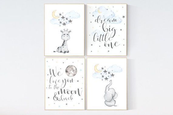 Nursery decor gender neutral, elephant and giraffe, blue yellow, nursery wall art, we love you to the moon and back, gender neutral