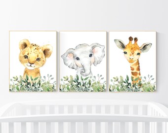 Stampe per cameretta con animali del safari: animali della giungla ad acquerello, decorazioni murali verdi