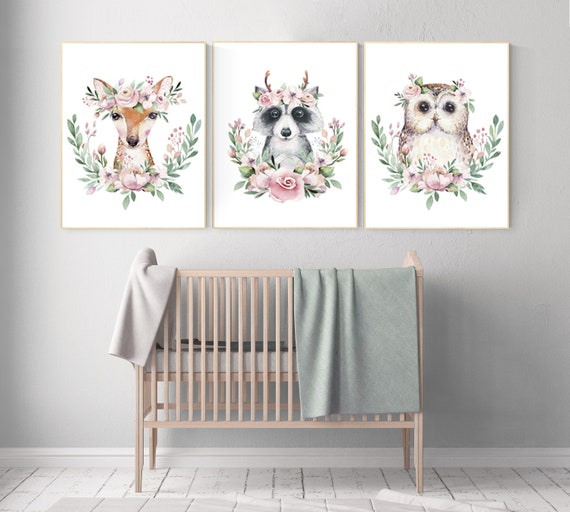 Nursery prints woodland, animal flower crown, Nursery decor girls, nursery prints animals, nursery decor girl flower, nursery decor flower