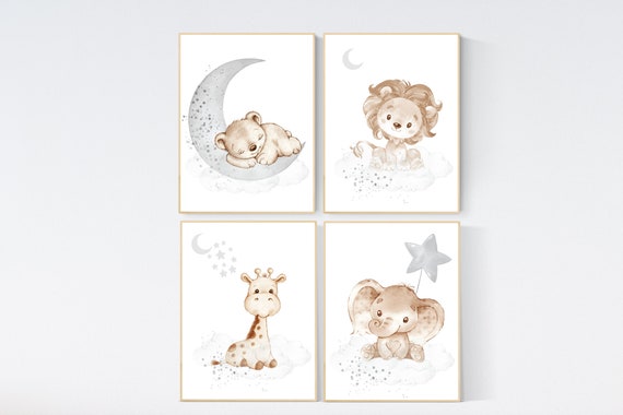 Nursery wall art animals, gray nursery, gender neutral nursery, neutral nursery, baby room decor, bear, elephant, giraffe, animal prints