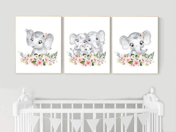 Nursery decor girl boho, elephant nursery wall art, nursery decor girl floral, nursery decor girl woodland, floral nursery, boho nursery